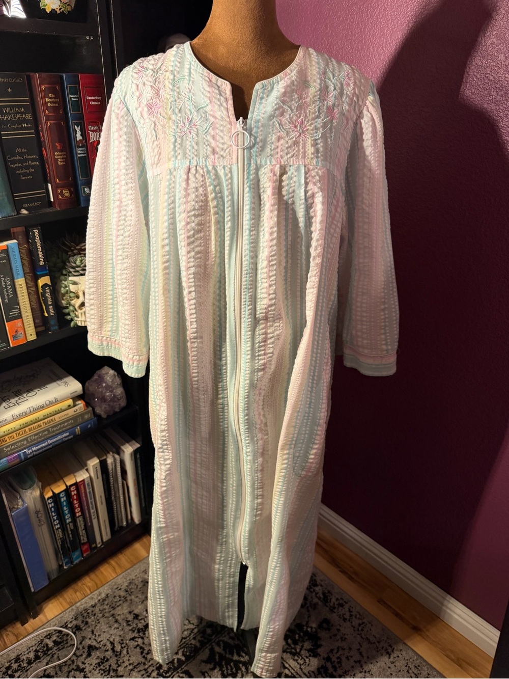 Miss Elaine Zip-Front Long Sleep Gown/ housecoat — Pastel Stripe